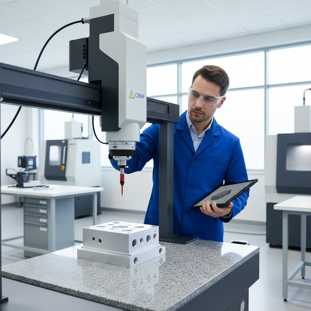 Quality control inspection of CNC hole drilling technology results using a coordinate measuring machine in a precision manufacturing facility