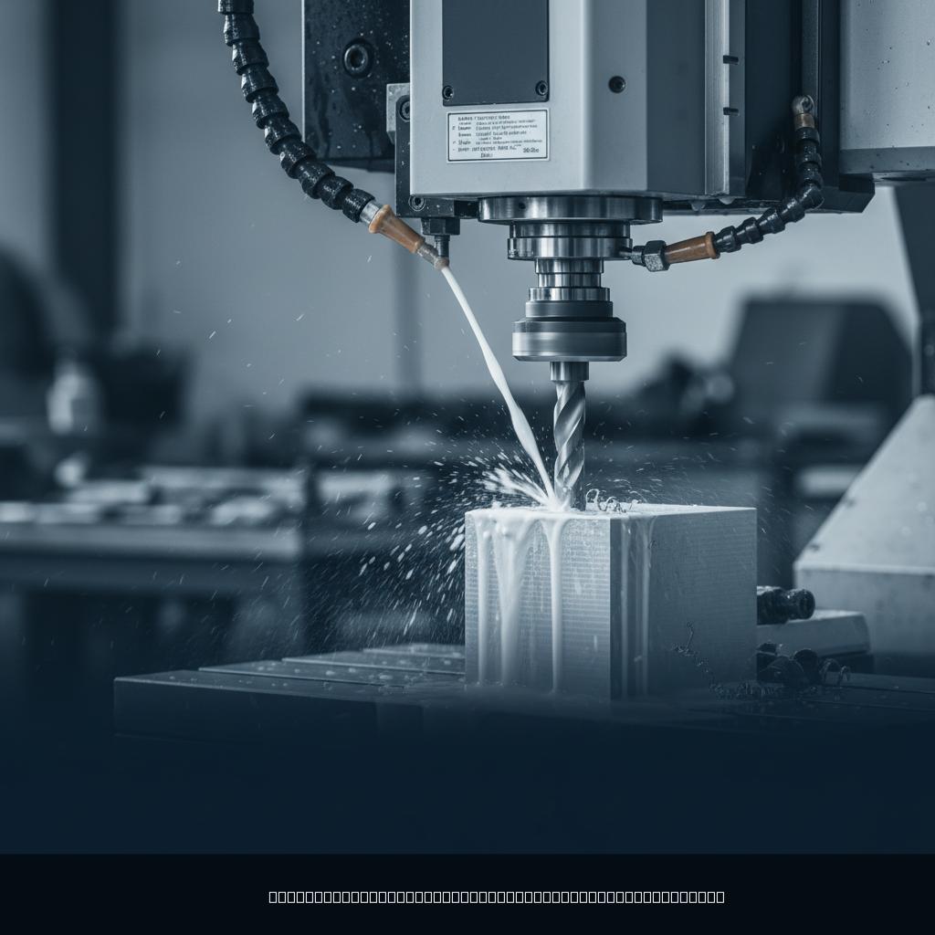 CNC hole drilling technology showing a rotating drill bit creating a precision hole in a metal workpiece with coolant spray