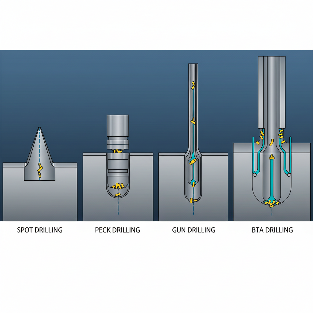 Types of CNC hole drilling technology including spot drilling, peck drilling, gun drilling, and BTA drilling cross-section diagrams