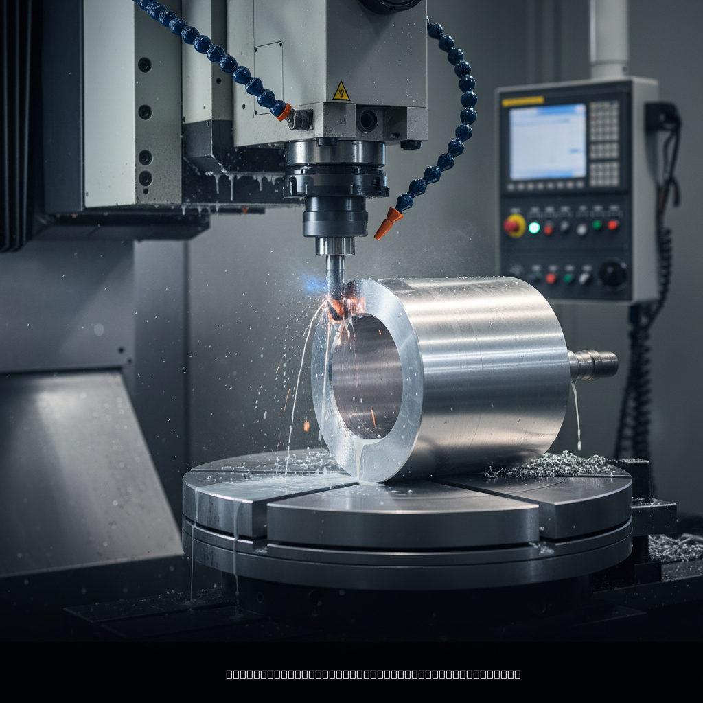 CNC boring process showing a boring bar cutting inside a metal workpiece on a CNC machining center