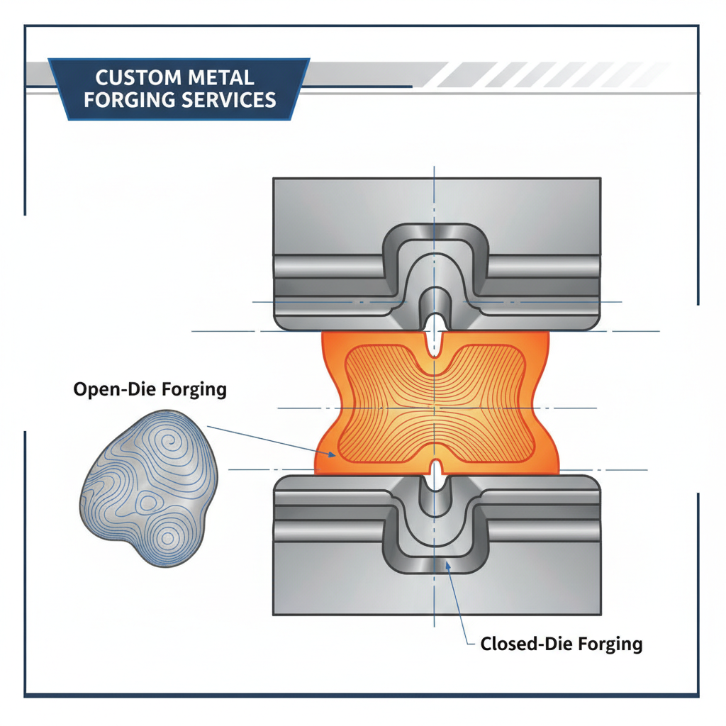 Closed-die forging process diagram showing custom metal forging services grain flow