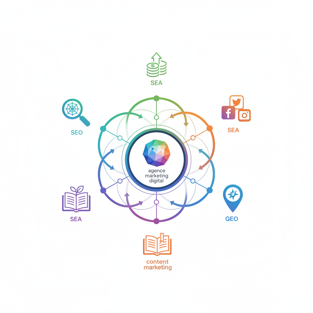 Schéma des services d'une agence marketing digital incluant SEO, SEA, réseaux sociaux et GEO