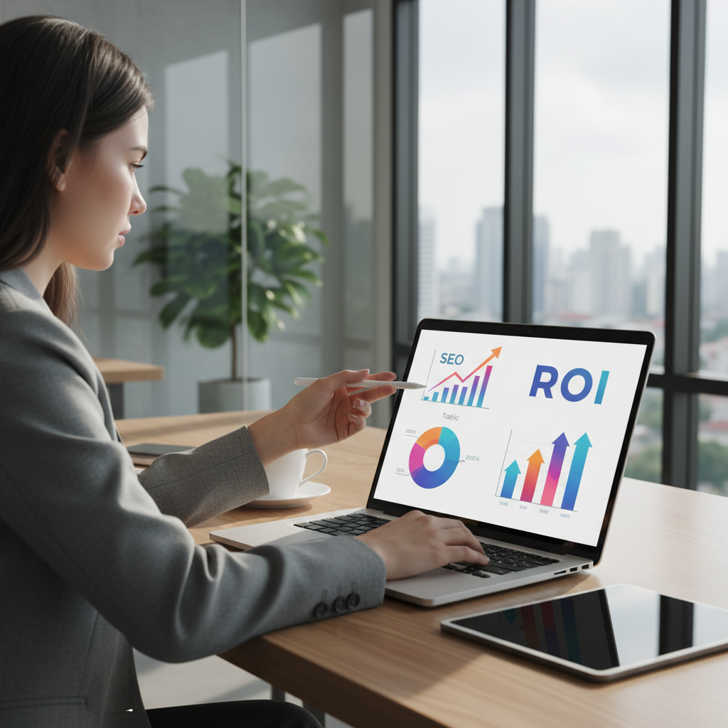 Professionnel analysant les performances d'une agence marketing digital sur un tableau de bord numérique