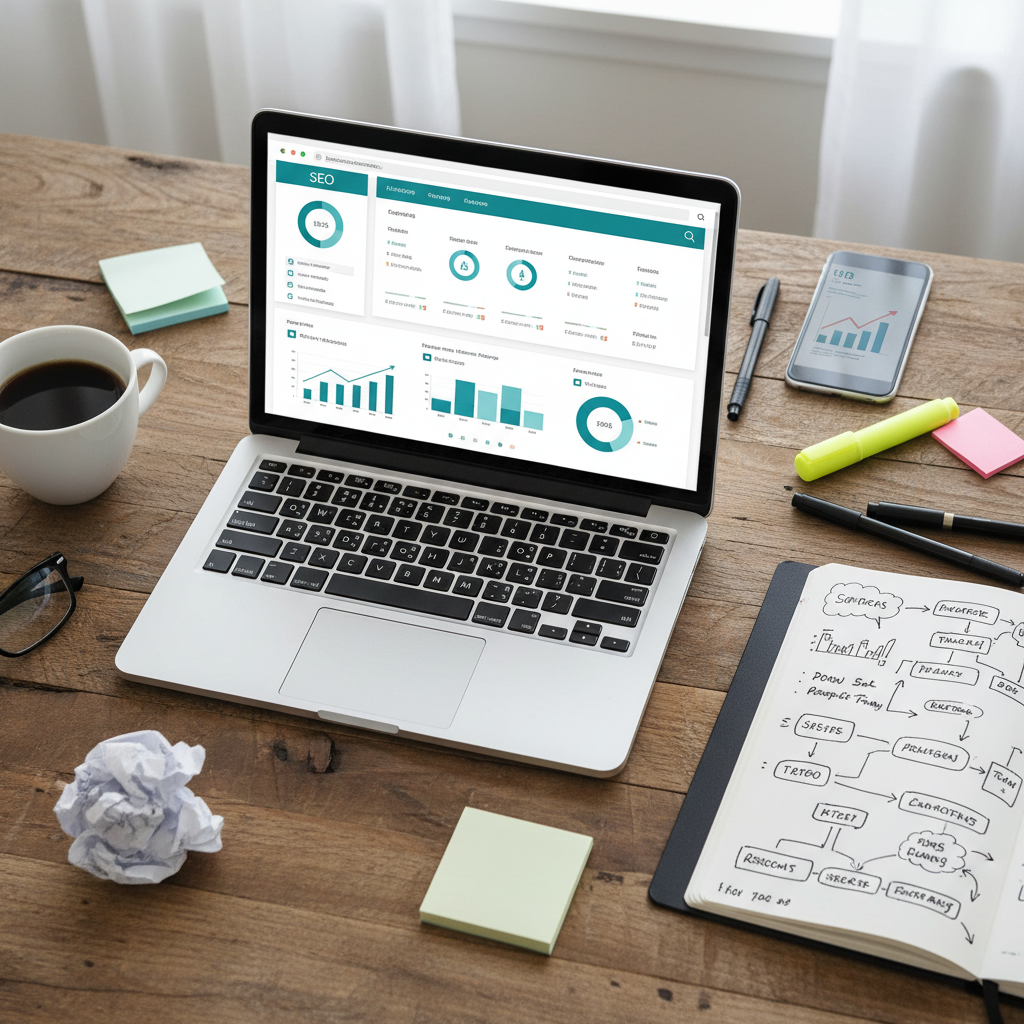 Services d'une agence marketing digital illustrés avec un tableau de bord SEO et une session de stratégie