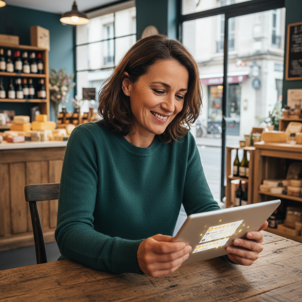 Propriétaire d'une petite entreprise française consultant ses avis Google dans le cadre d'un guide complet SEO local
