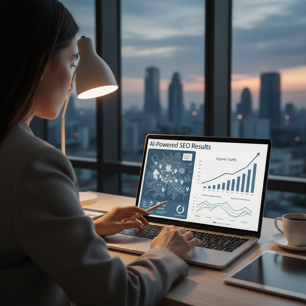 Entrepreneur consultant les résultats SEO et intelligence artificielle sur ordinateur avec graphiques de croissance du trafic organique