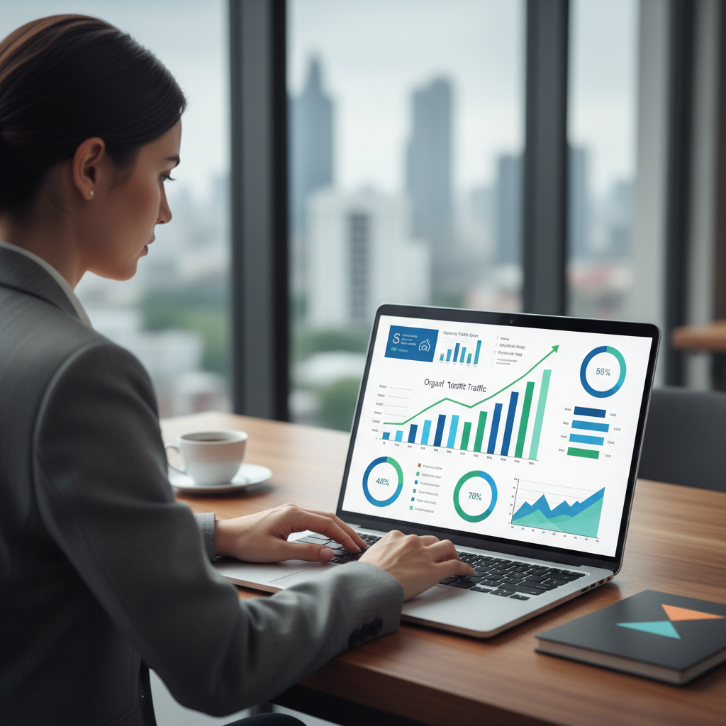 entrepreneur consultant les performances de son référencement naturel et les prix des prestations SEO sur un tableau de bord
