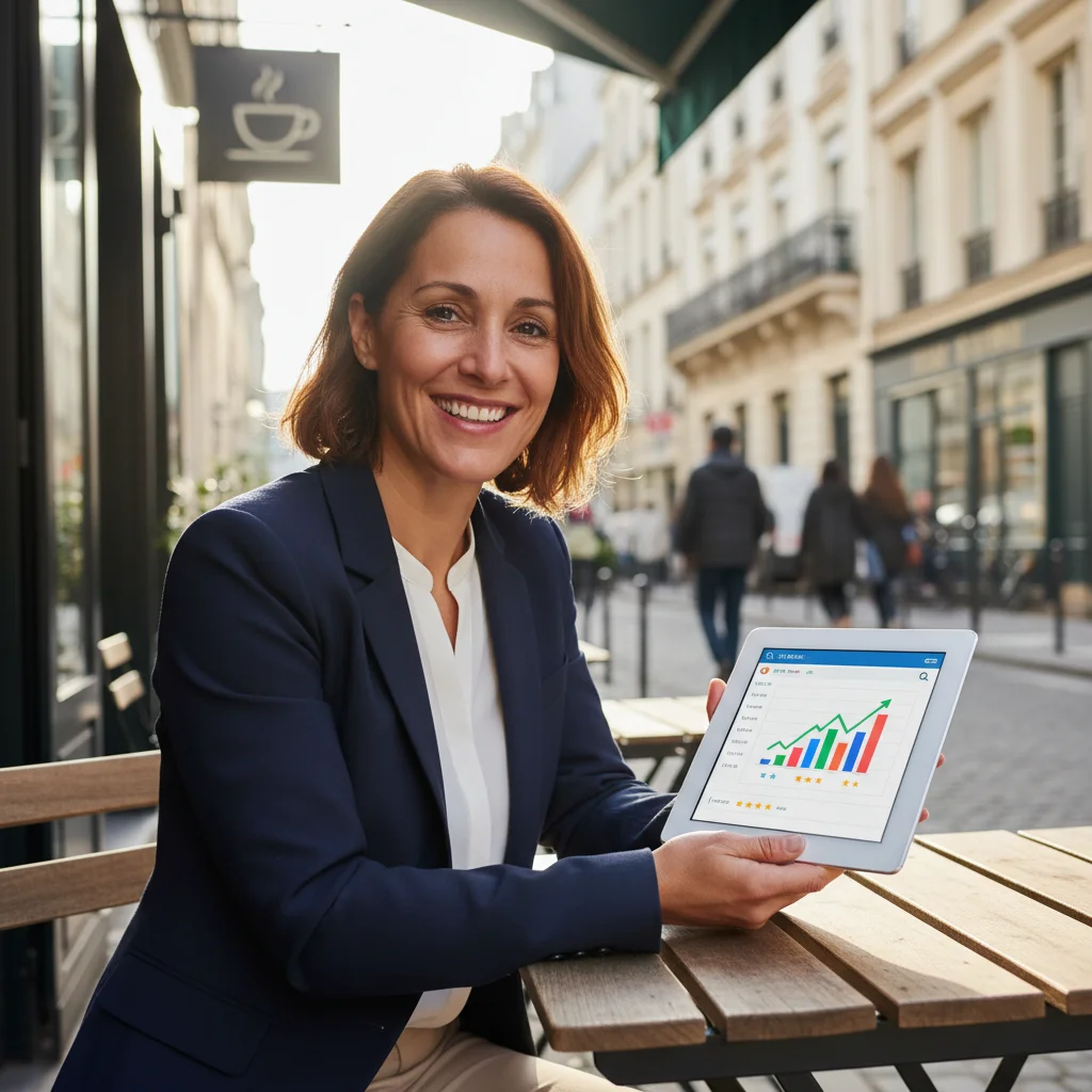 Chef d'entreprise consultant les résultats de son optimisation moteur de recherche local sur une tablette