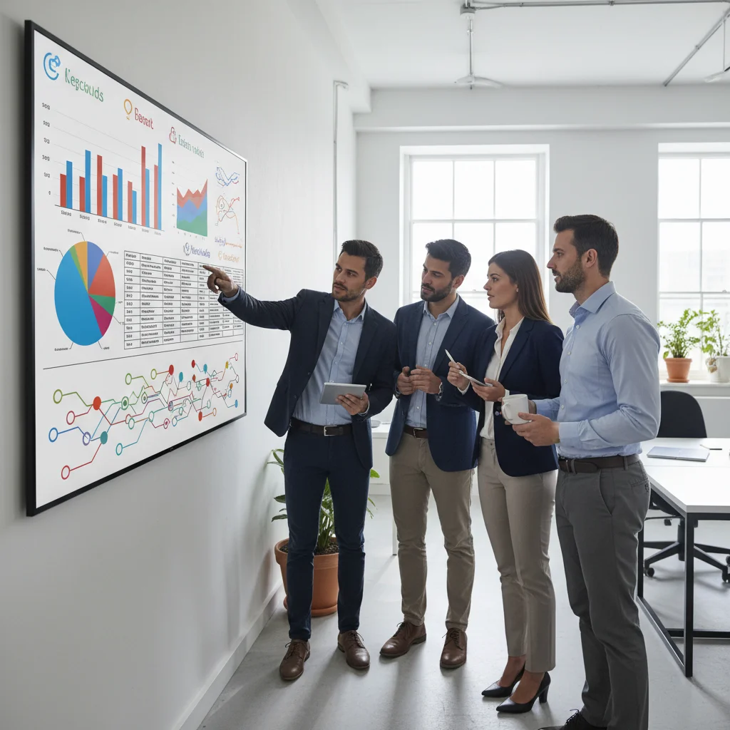 Équipe marketing analysant une stratégie SEO pour commerce électronique avec des outils d'intelligence artificielle en 2026