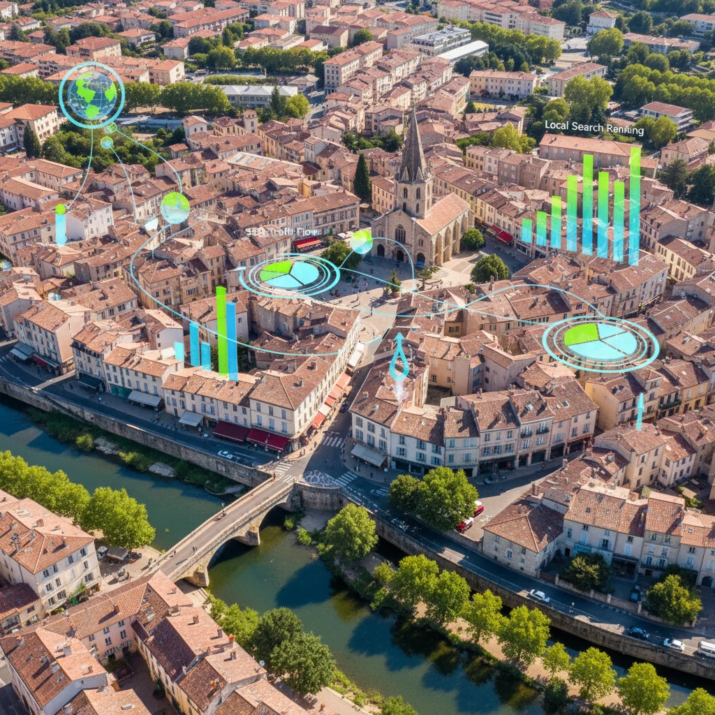 Vue aérienne d'un centre-ville français avec indicateurs de classement Google local et stratégies SEO