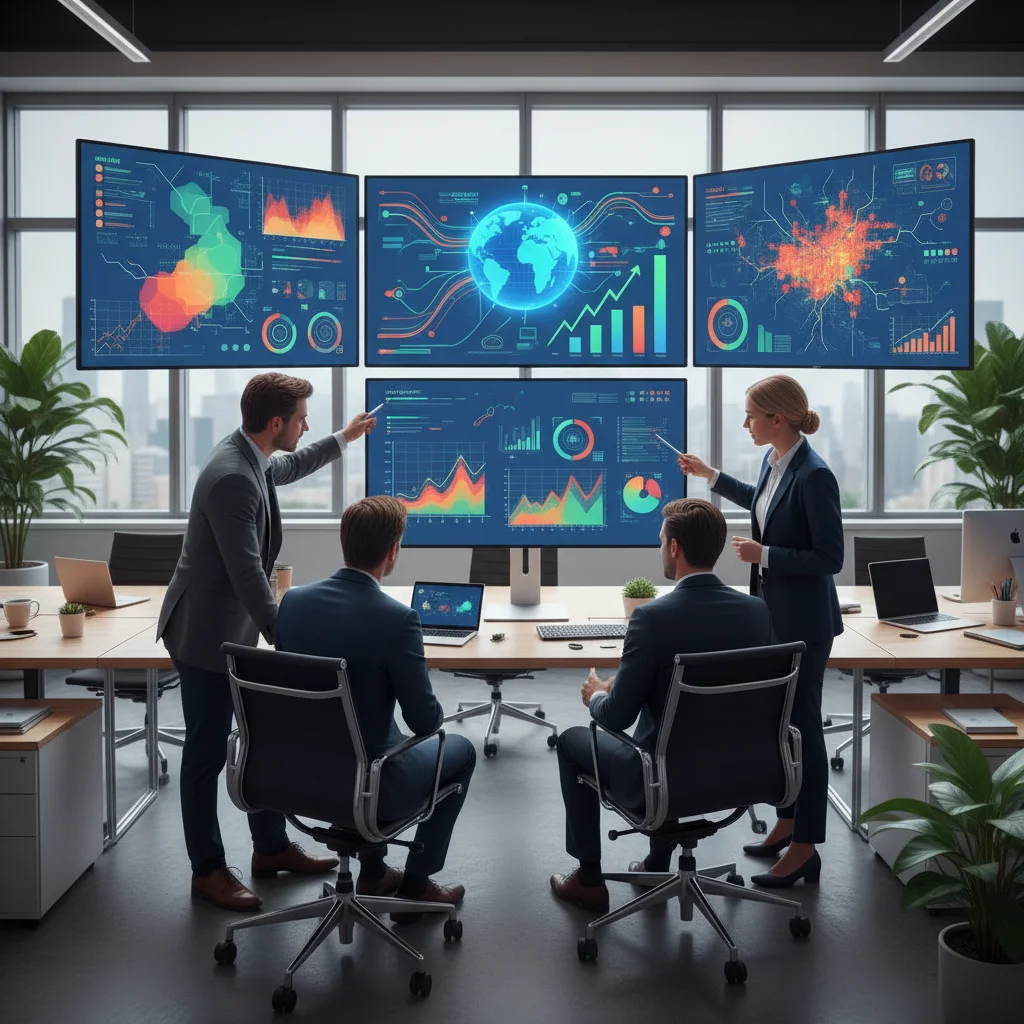 Équipe marketing analysant les résultats d'un logiciel SEO avec intelligence artificielle sur des écrans avec des visualisations de données de référencement local