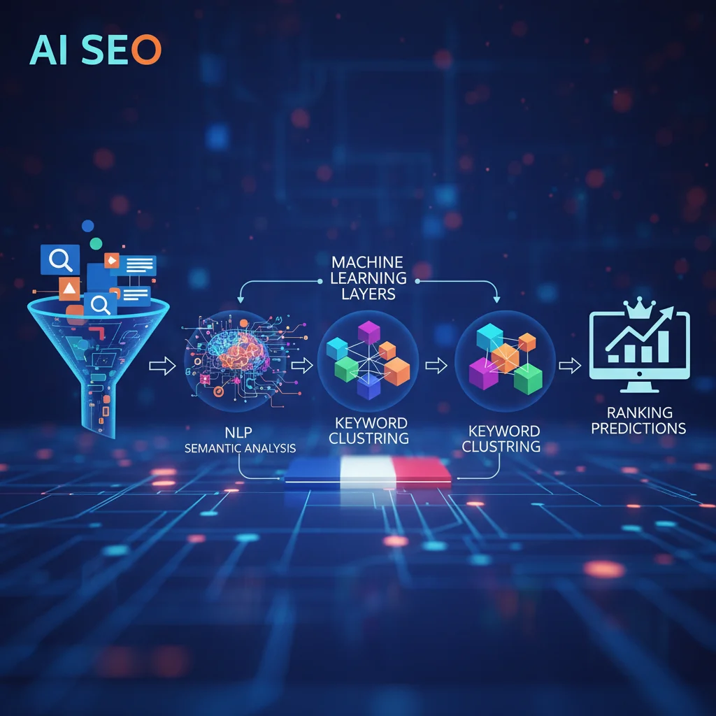 Schéma du fonctionnement d'un logiciel SEO avec intelligence artificielle montrant les couches de traitement NLP et machine learning