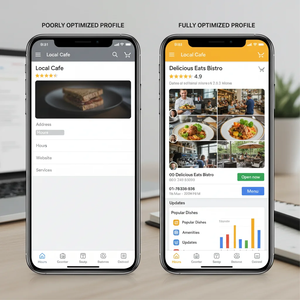 Comparaison avant-après d'une optimisation fiche Google My Business avec et sans photos professionnelles