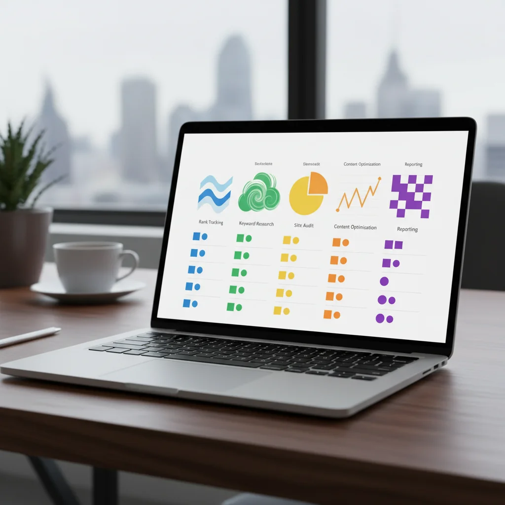 Comparatif des fonctionnalités d'une plateforme SEO pour agences marketing affiché sur ordinateur portable