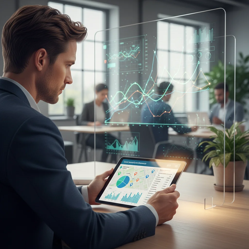 Consultant agence marketing analysant les résultats d'une plateforme SEO pour agences marketing sur tablette