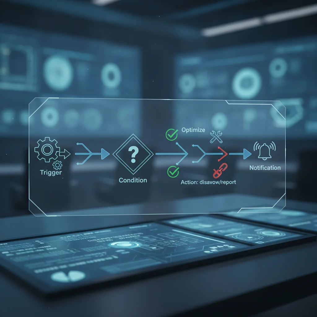 workflow d'automatisation tâches SEO avec étapes déclencheur condition action notification