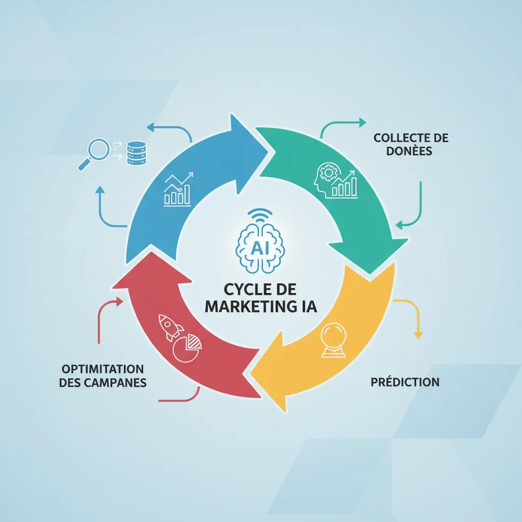 Schéma du cycle de fonctionnement de l'intelligence artificielle marketing digital