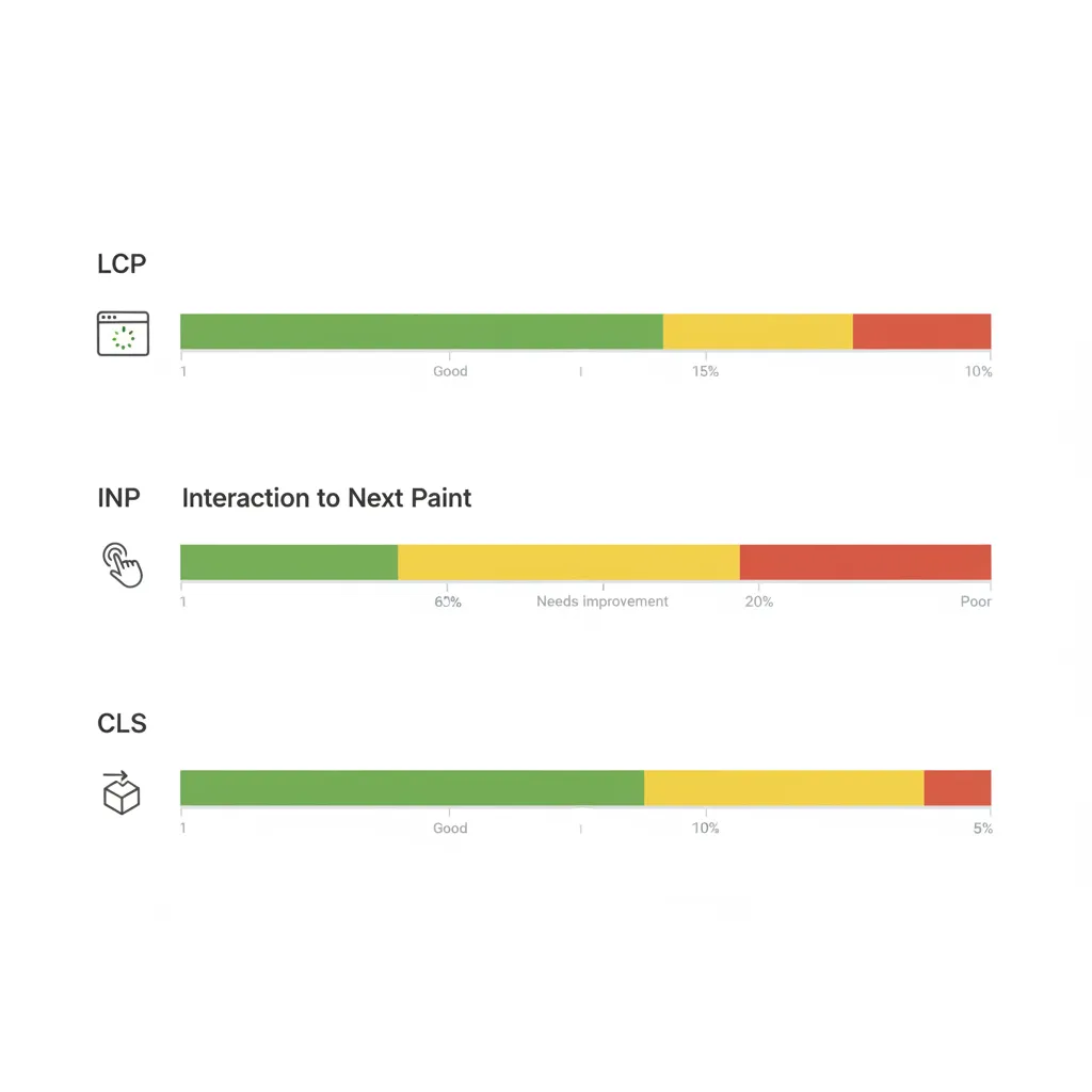 Infographie des seuils Core Web Vitals SEO pour LCP, INP et CLS