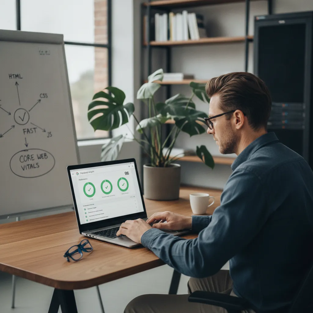 Développeur optimisant le Core Web Vitals SEO avec PageSpeed Insights sur un ordinateur portable