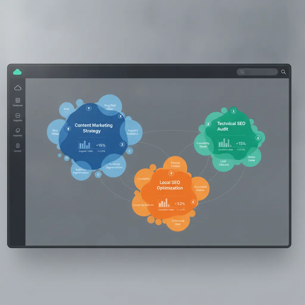Interface d'outil IA de clustering sémantique SEO avec visualisation des groupes thématiques