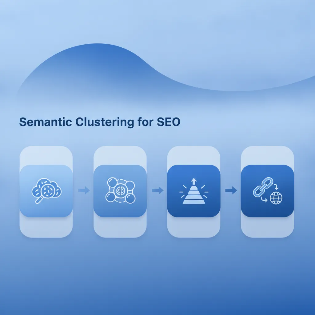 Processus de clustering sémantique SEO en 5 étapes illustré sous forme d'infographie