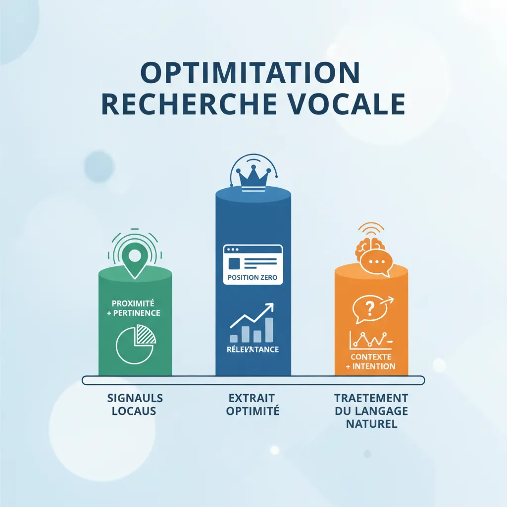 Infographie des trois piliers de l'optimisation recherche vocale : snippet, signaux locaux et NLP