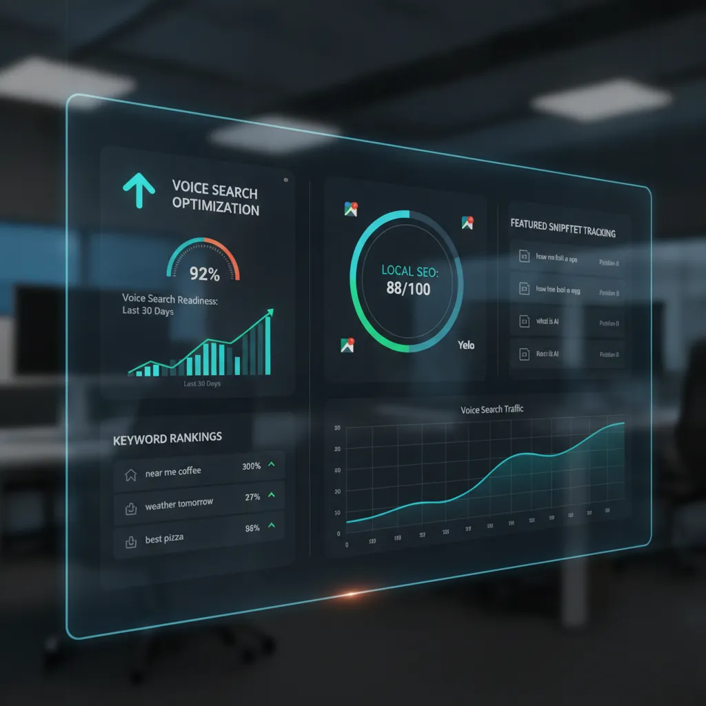 Tableau de bord d'optimisation recherche vocale avec métriques SEO vocal et IA en 2026