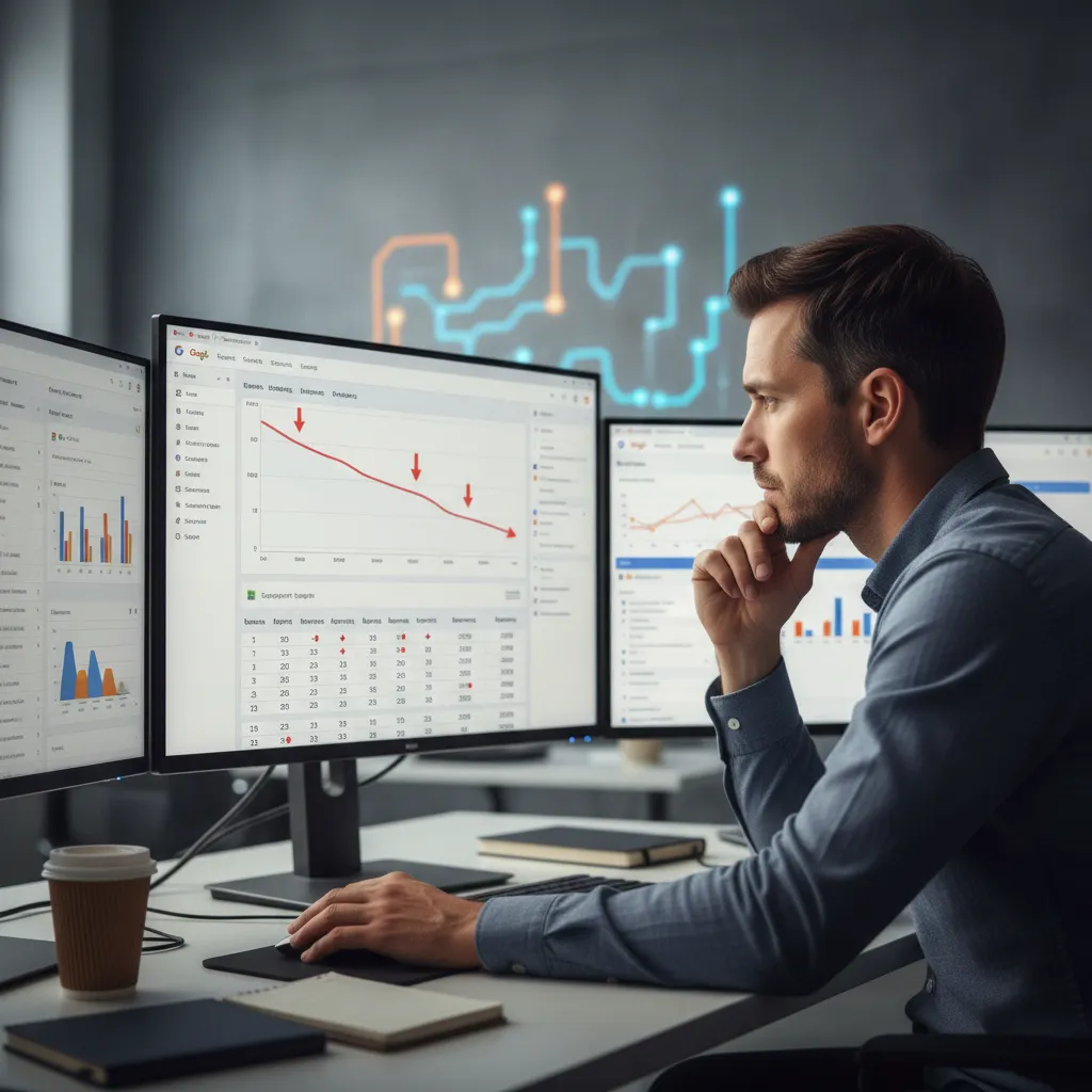 analyste SEO examinant les données après un algorithme google mise à jour sur plusieurs écrans