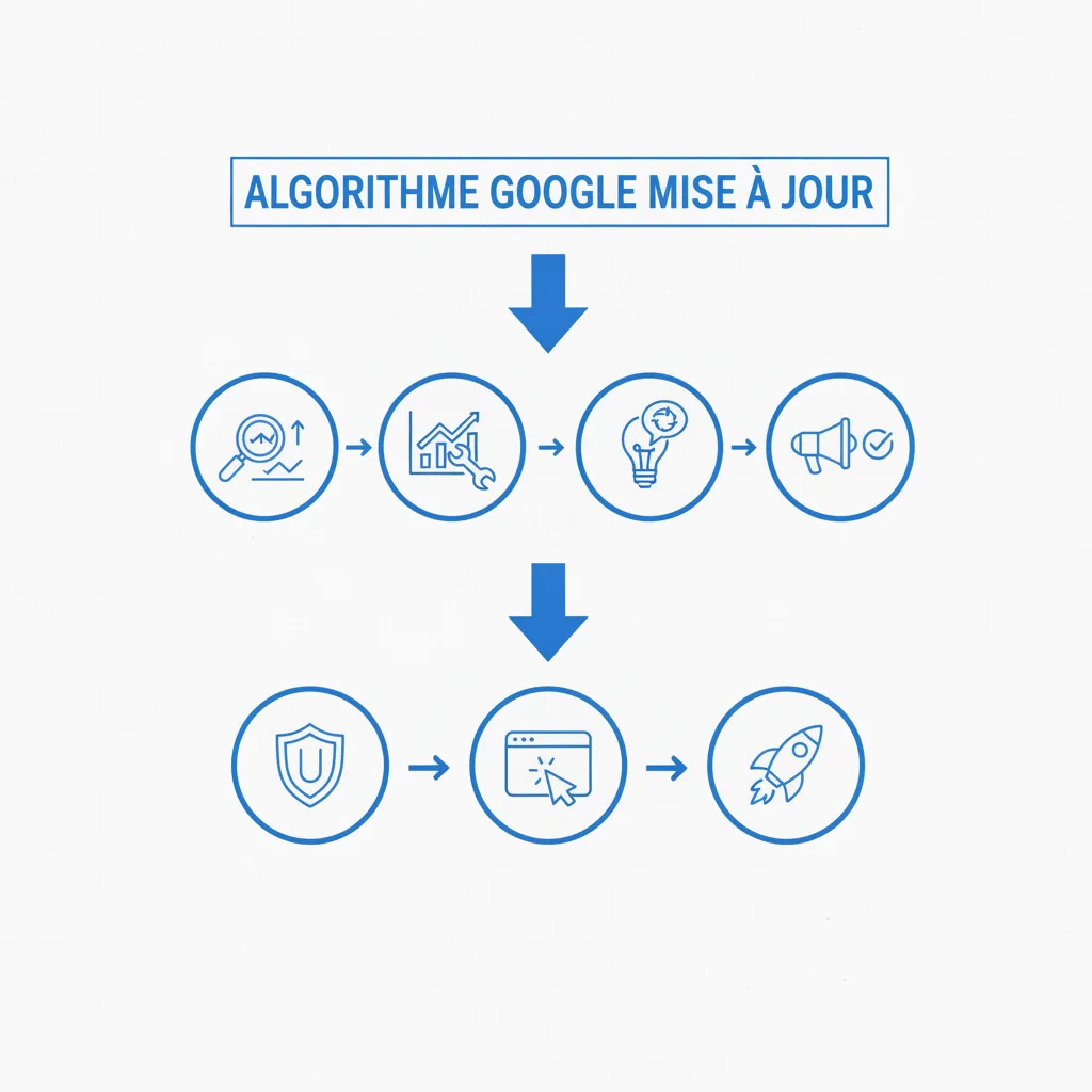 infographie des étapes pour répondre à un algorithme google mise à jour avec processus structuré