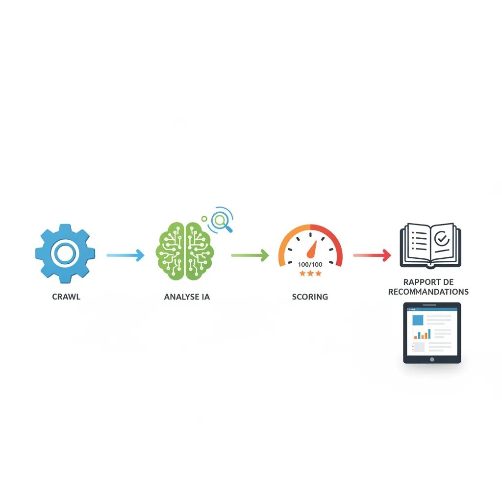 Schéma du pipeline d'un audit SEO automatisé montrant les étapes d'analyse par intelligence artificielle