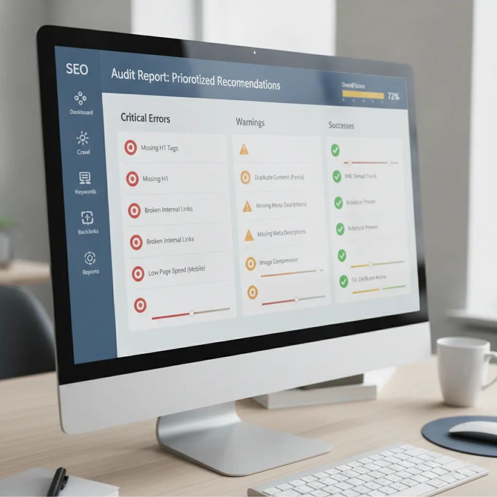 Interface d'un outil d'audit SEO automatisé avec rapport de recommandations priorisées par niveau de criticité