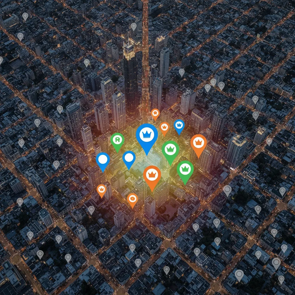 vue aérienne d'une ville avec des épingles Google Maps illustrant comment optimiser google maps pour les commerces locaux