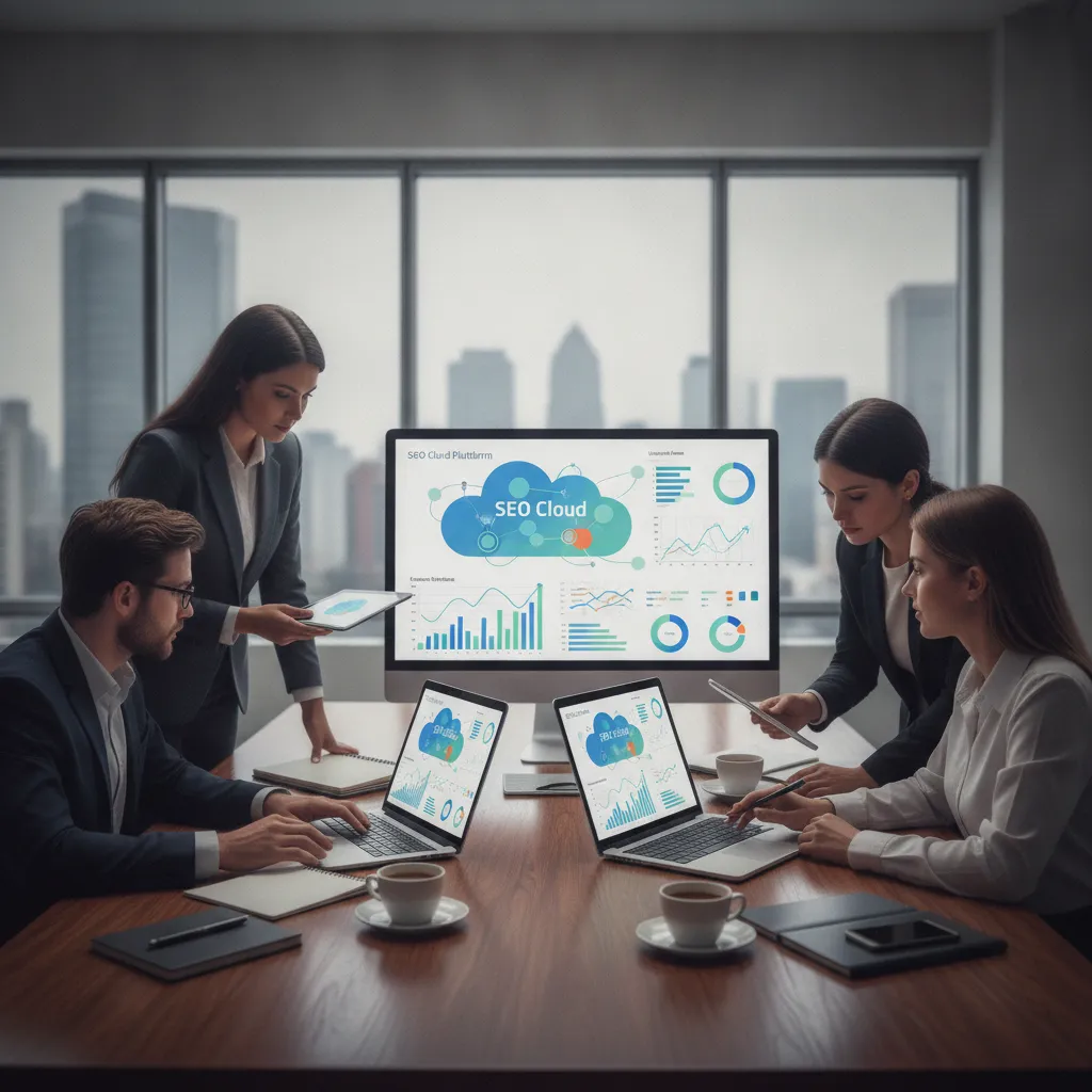 Équipe marketing analysant les résultats d'une plateforme SEO cloud pour optimiser la visibilité locale