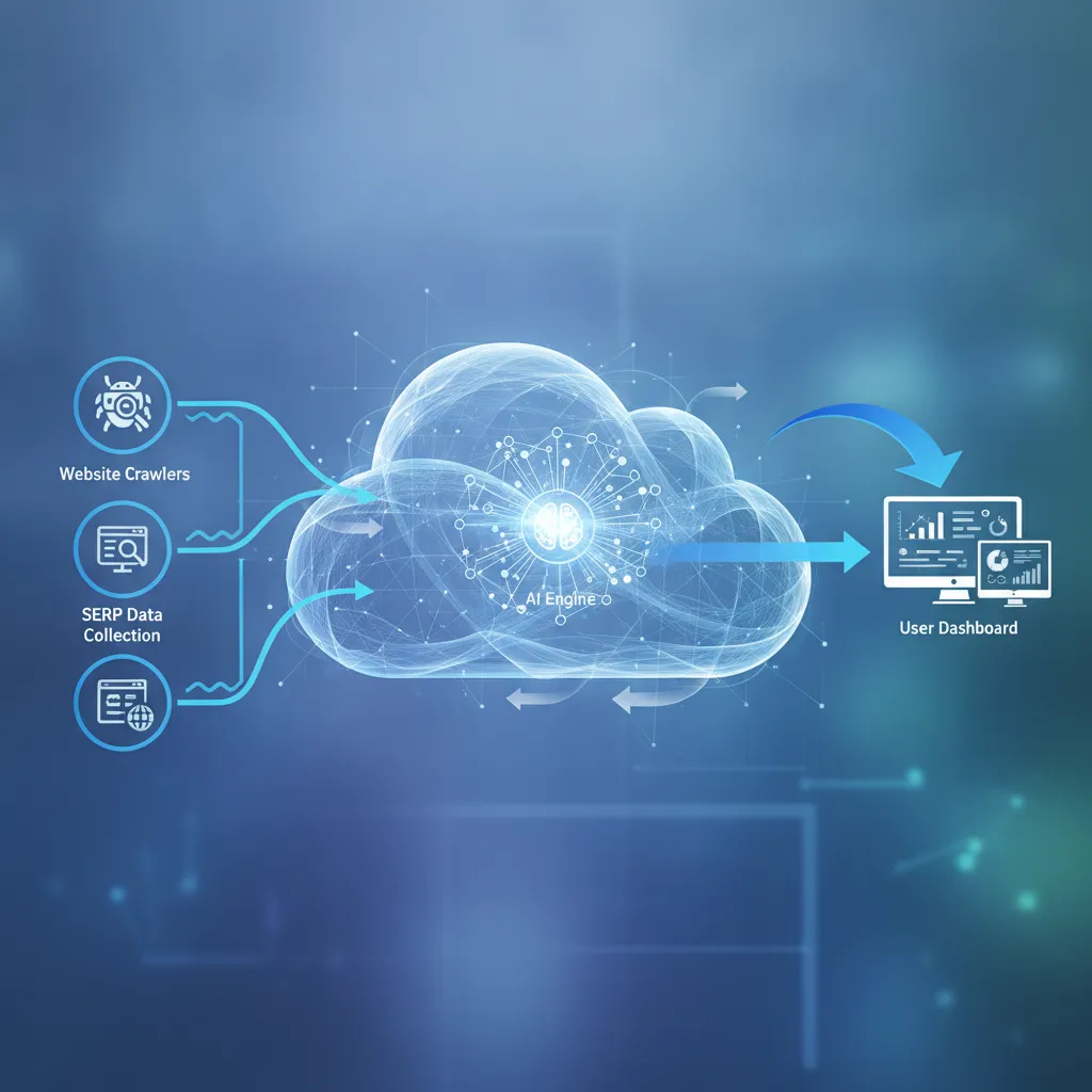 Schéma d'architecture d'une plateforme SEO cloud illustrant le flux de données entre crawlers et tableau de bord IA