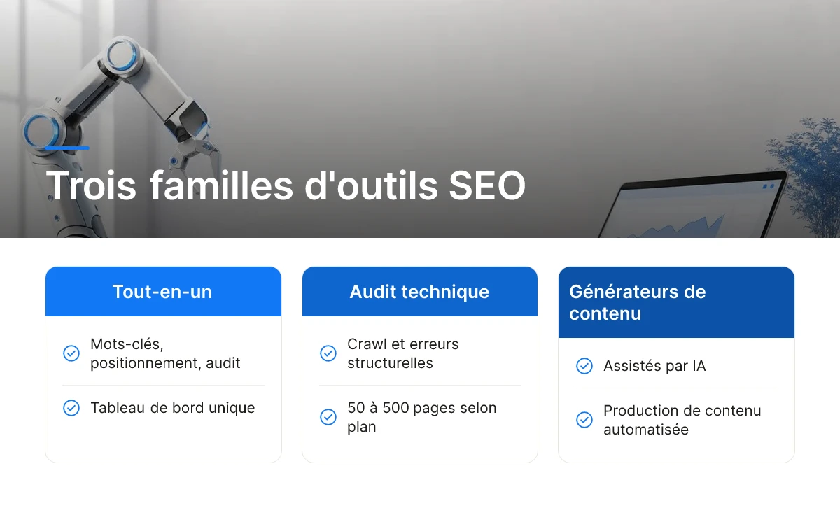 Trois familles d'outils SEO