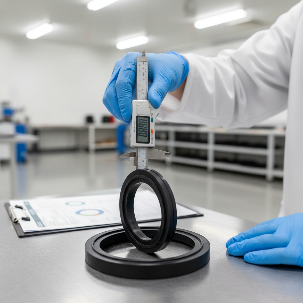 quality inspector measuring rubber compression mold part with calipers in precision manufacturing facility