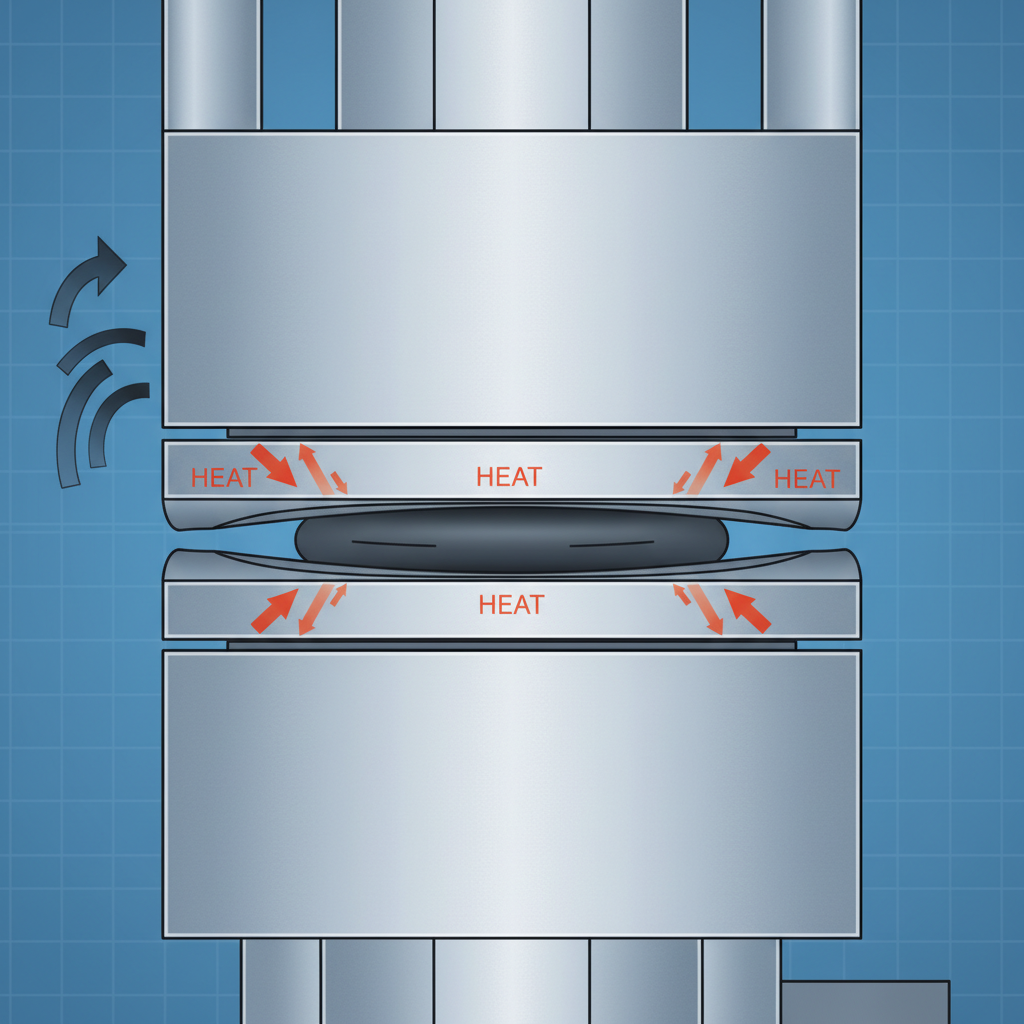 cross-section diagram of rubber compression mold press showing hydraulic platens and cavity with rubber charge