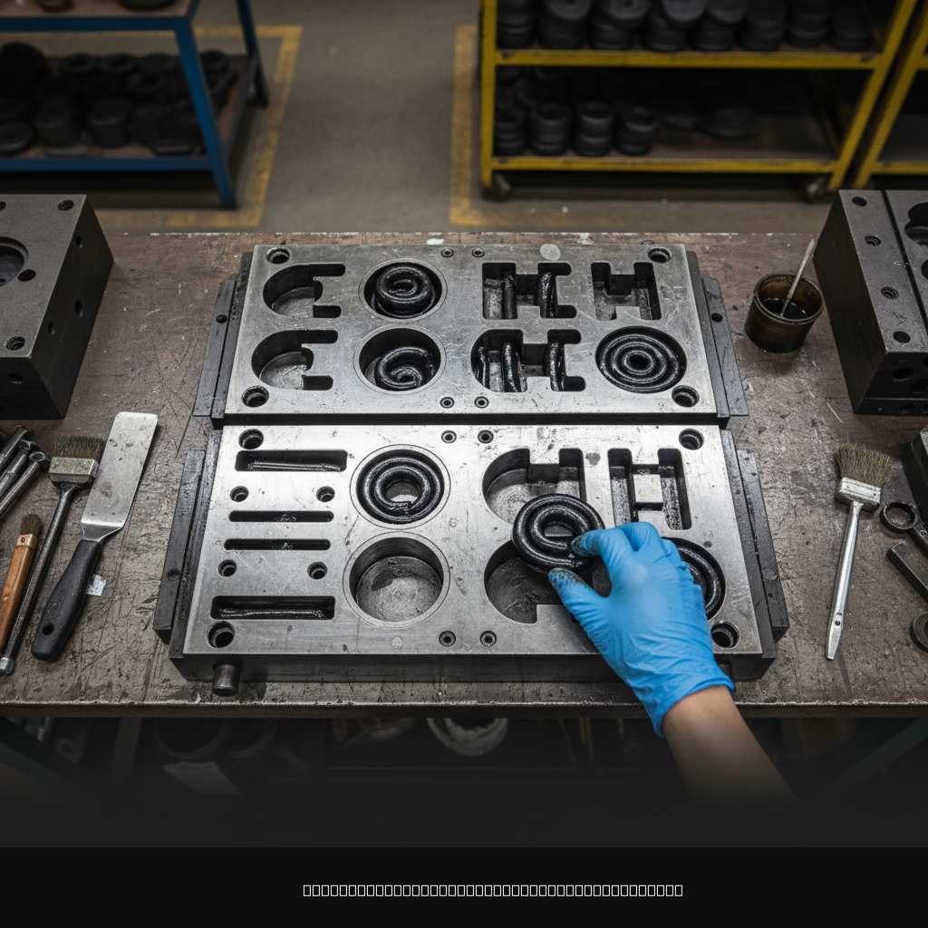 rubber compression mold tool with open cavities showing preformed rubber charge placement