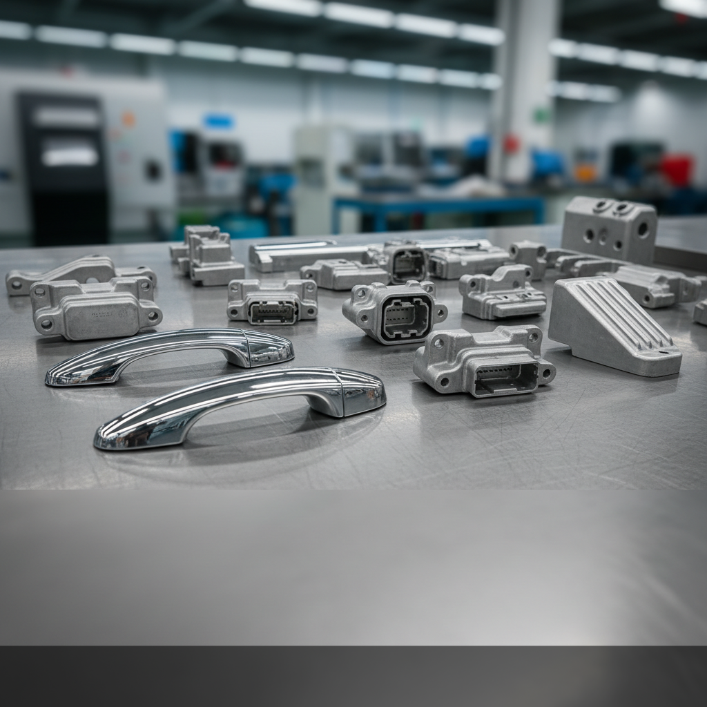 Collection of precision automotive zinc die casting parts including door handles, connector housings, and brackets