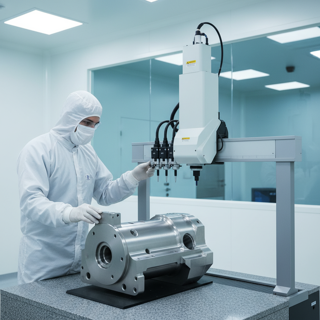 Quality control inspector measuring titanium machined components with coordinate measuring machine in certified manufacturing facility