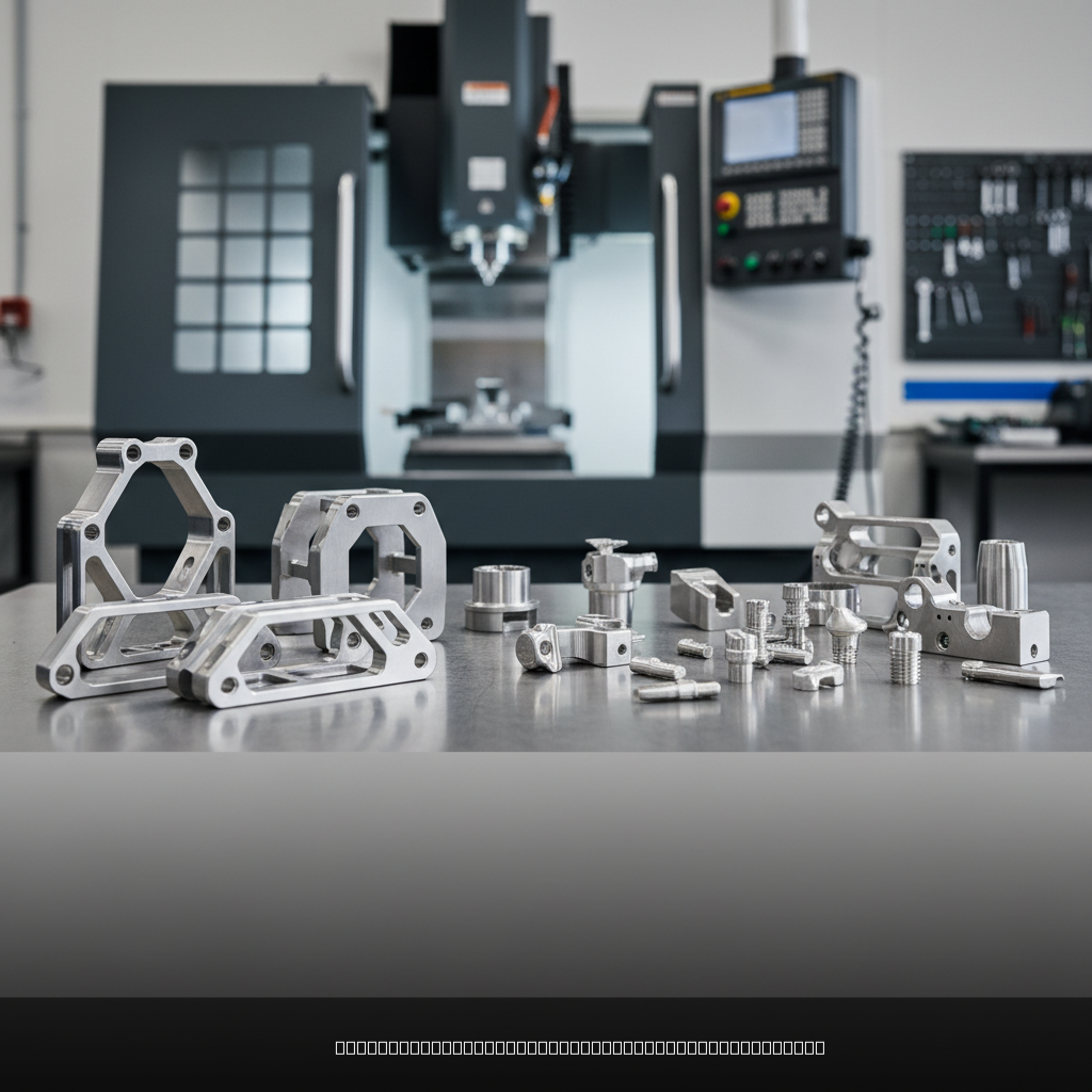 Precision titanium machined components including aerospace brackets and medical implants displayed in a professional manufacturing environment