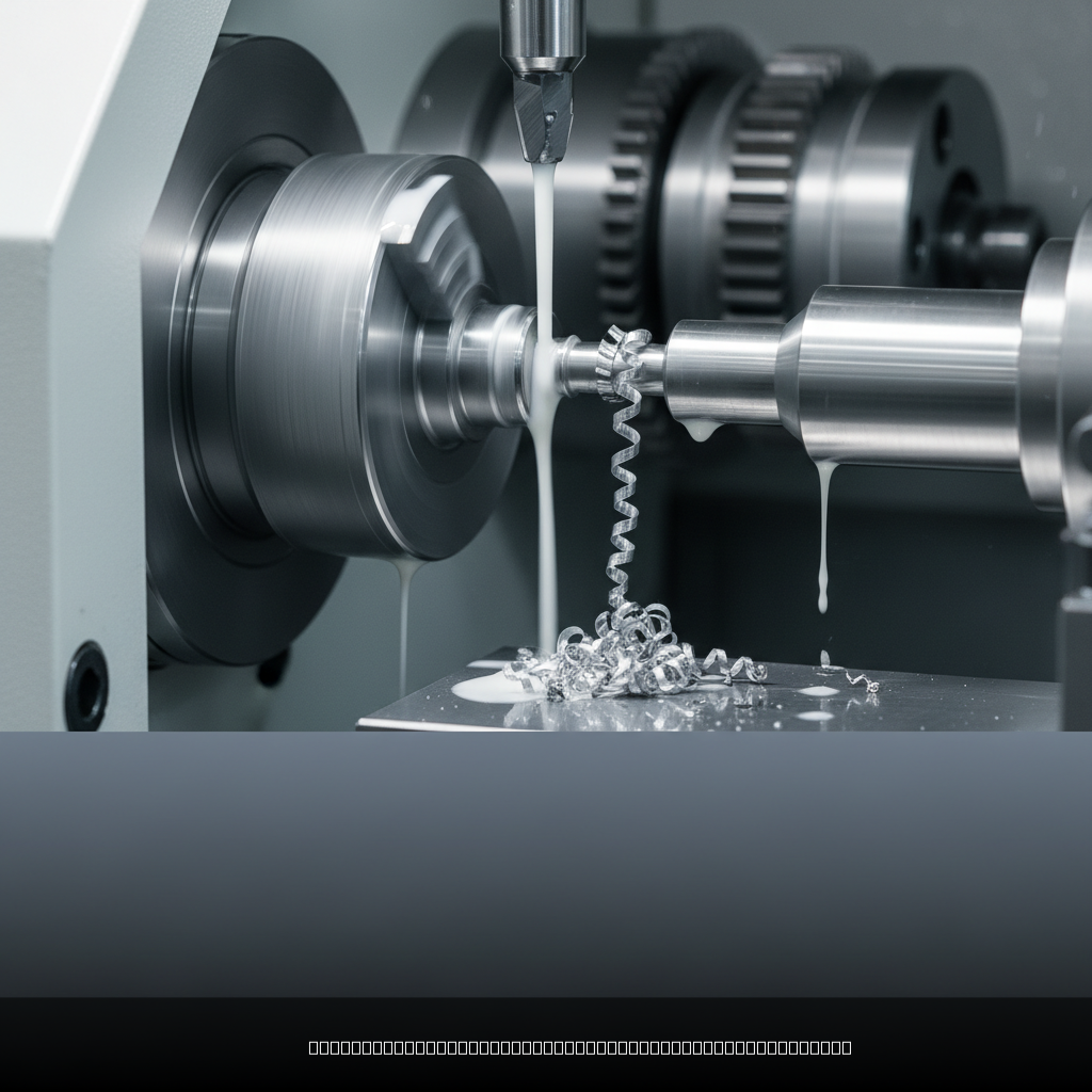 CNC Swiss lathe performing titanium screw machining with coolant and cutting tool visible