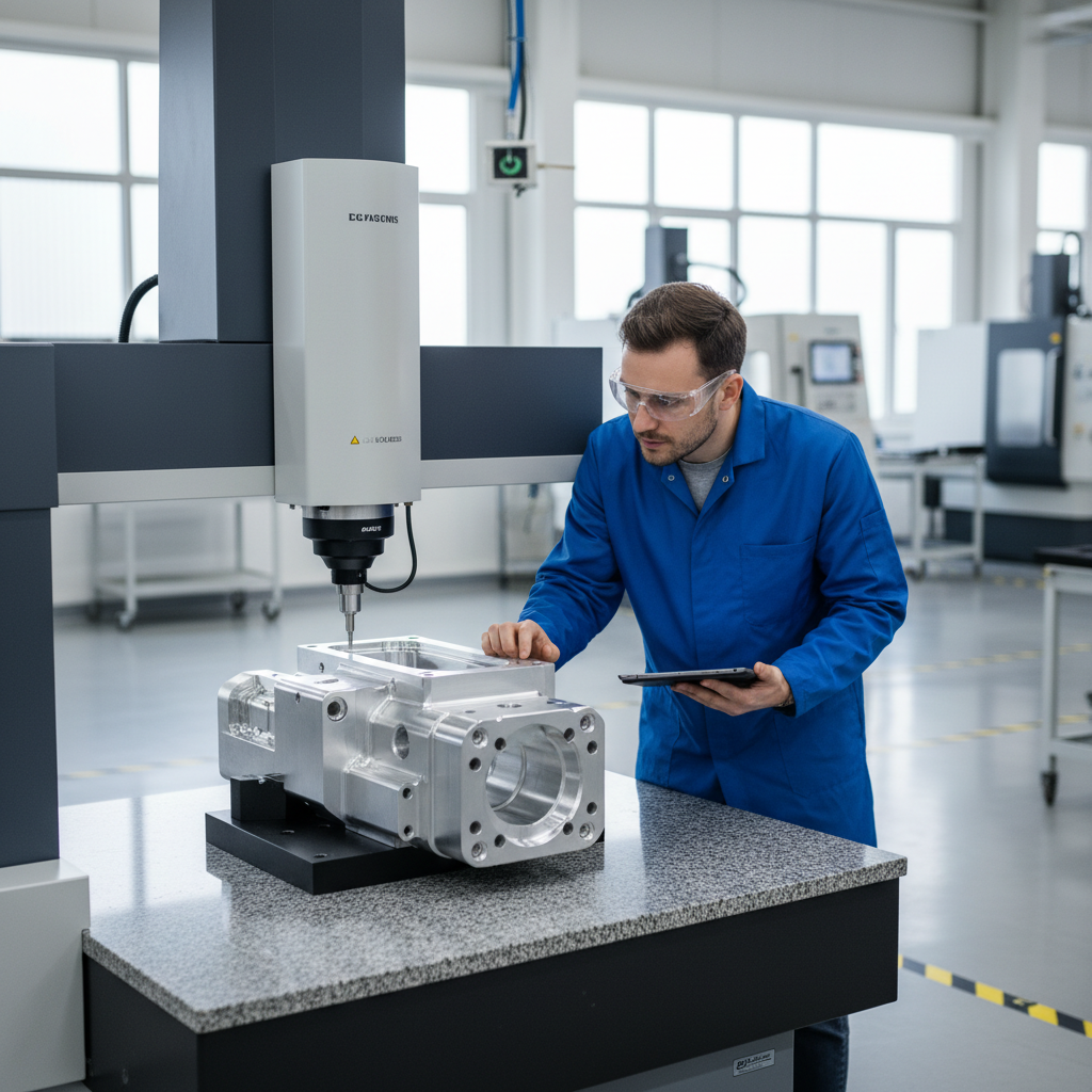 Quality engineer using CMM to inspect a precision multi-axis CNC machined aluminum component