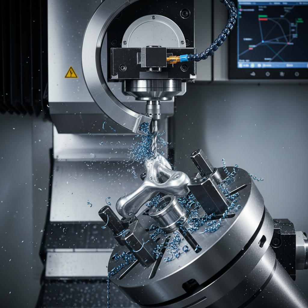 Close-up of 5-axis multi-axis CNC machining cutting a titanium medical implant with simultaneous axis motion