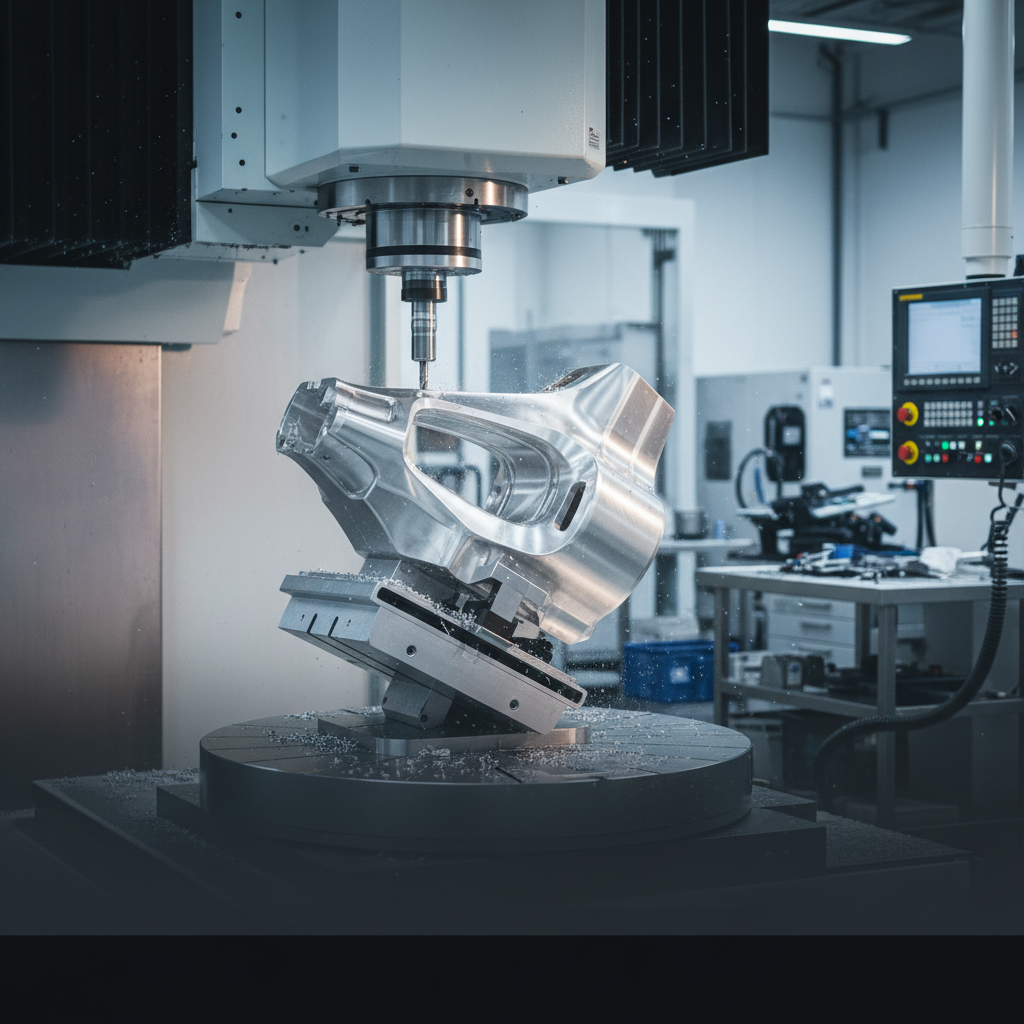 5-axis multi-axis CNC machining center producing a complex aerospace aluminum part