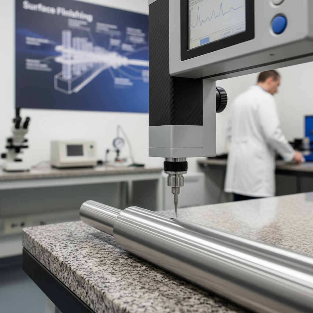 Precision ground stainless steel shaft measured with surface profilometer in surface finishing precision manufacturing quality lab