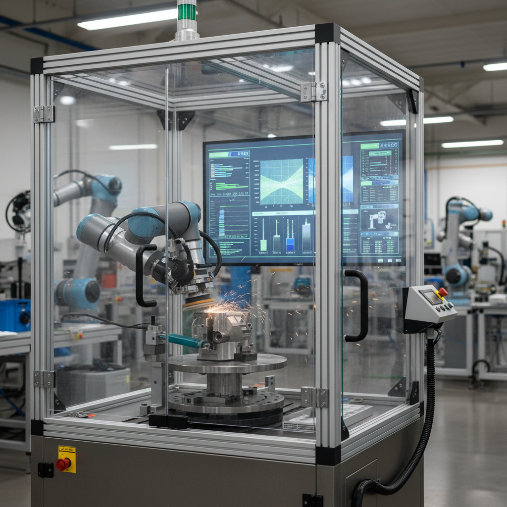 Robotic automated surface finishing cell in precision manufacturing facility showing Ra measurement data for surface finishing precision manufacturing