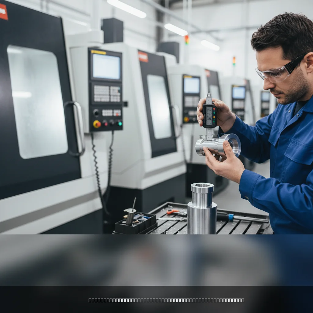 CNC machinist measuring a precision metal component in tight tolerances manufacturing environment CNC machinist measuring a precision metal component in tight tolerances manufacturing environment