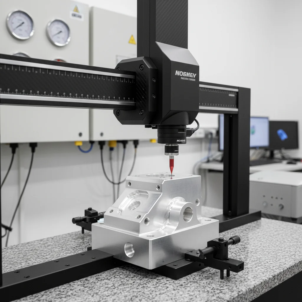 Coordinate measuring machine inspecting a precision part in tight tolerances manufacturing quality lab Coordinate measuring machine inspecting a precision part in tight tolerances manufacturing quality lab
