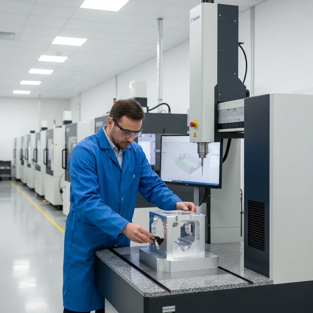 Quality engineer inspecting precision prototype using CMM as part of rapid prototyping precision engineering process